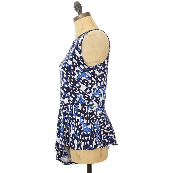 LEOTA Lulu Cascade Top S Printed Tunic Asymmetric Tank Blue Keyhole EUC B26 - Picture 5 of 6